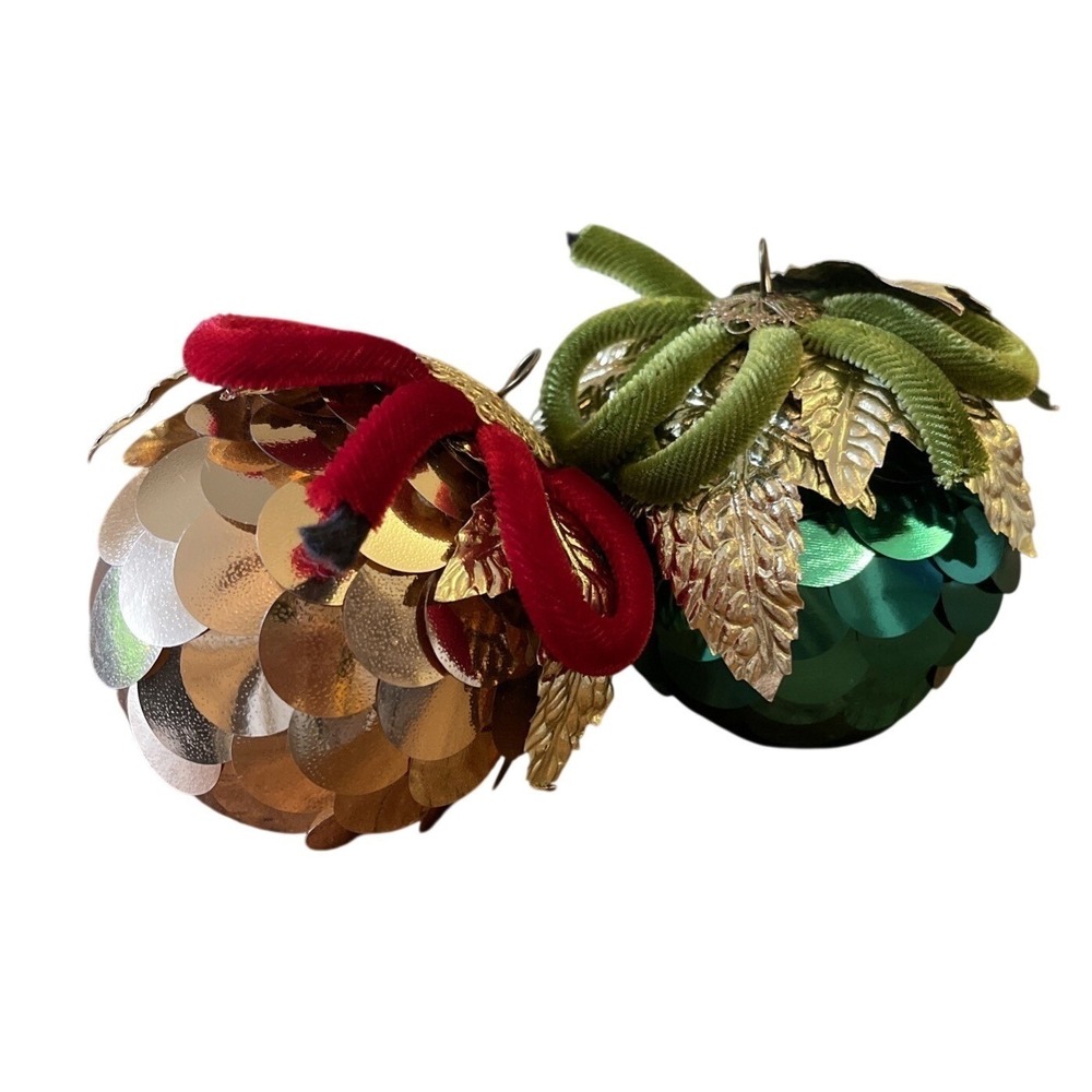 2 Handcrafted Push Pin Bead Sequin Satin Ball Christmas Ornaments Vtg Green Gold